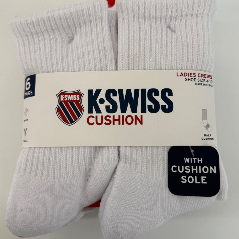 K Swiss Womens 6 Pairs Crew Socks Cushion Sole Y‎ Heel K Nit White Sz 4-10